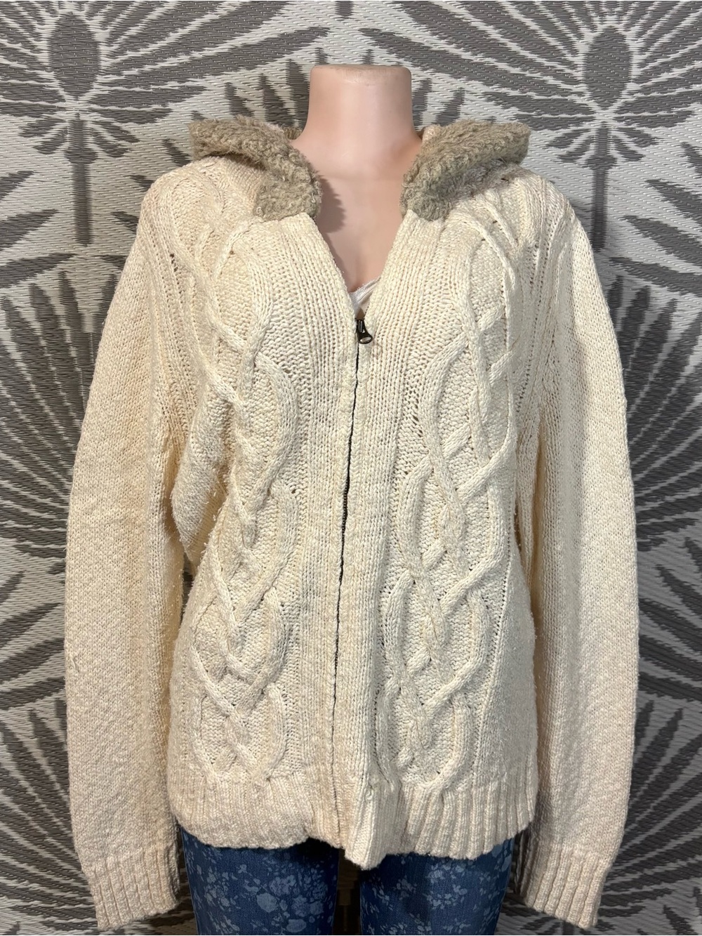 Vtg Old Navy XXL Cable Knit Zip Hoodie Sweater Faux Fur Y2K Chunky Cream